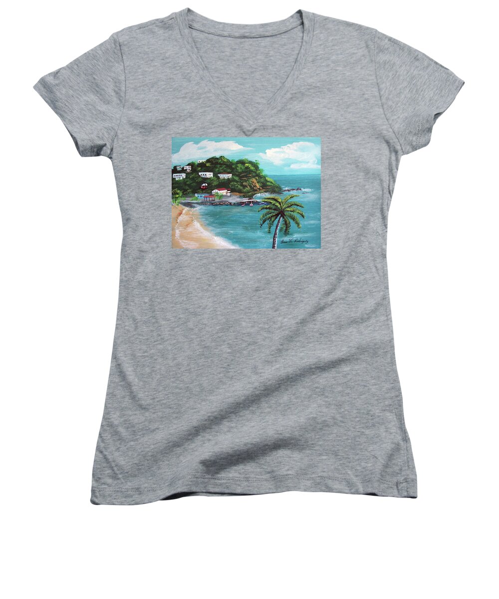 Maunabo Puerto Rico Island Ocean Palms Mountains Fishing Village Women's V-Neck featuring the painting Maunabo Puerto Rico by Luis F Rodriguez