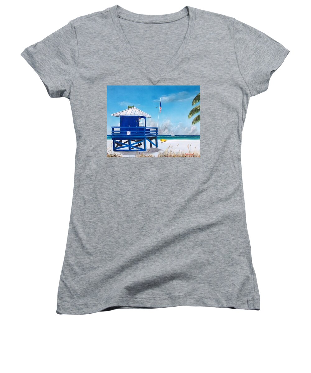 Lifeguard Women's V-Neck featuring the painting Meet At Blue Lifeguard by Lloyd Dobson