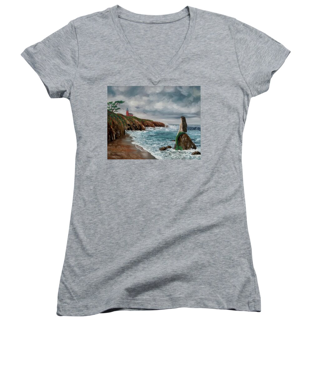 Seascape Women's V-Neck featuring the painting Mermaid at Santa Cruz by Laura Iverson