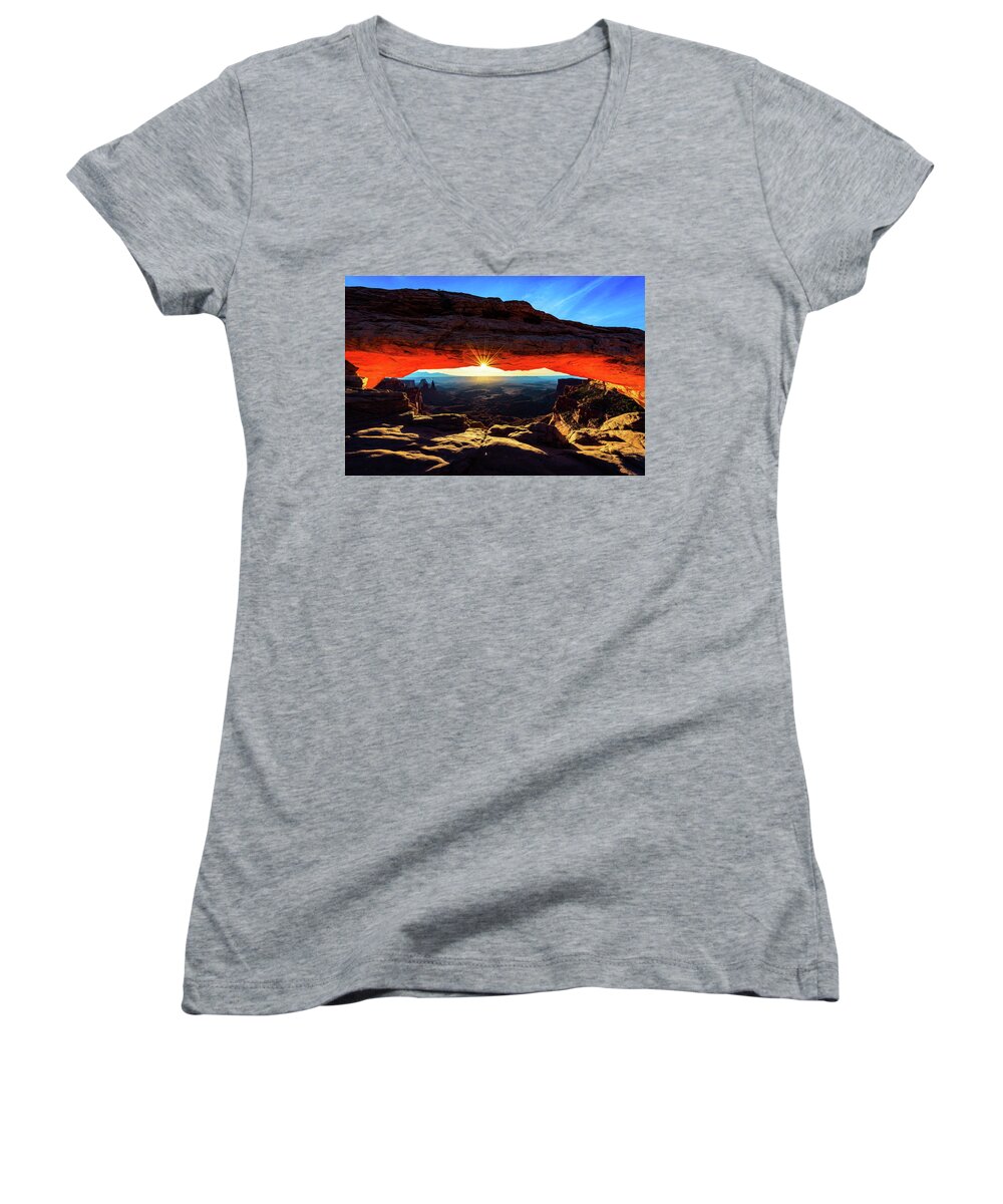 Nature Women's V-Neck featuring the photograph Mesa Arch Sunrise by John Hight
