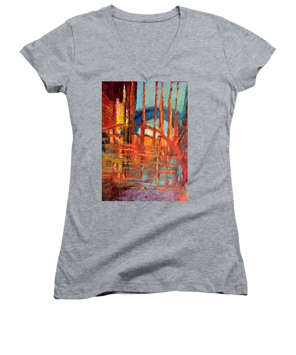 Abstract Women's V-Neck featuring the painting Metropolis in Space by Nicolas Bouteneff