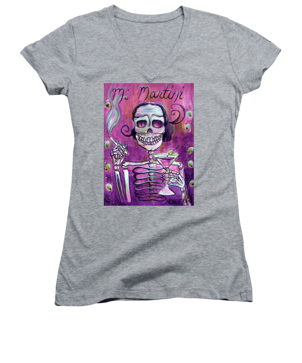 Day Of The Dead Women's V-Neck featuring the painting Mi Martini by Heather Calderon