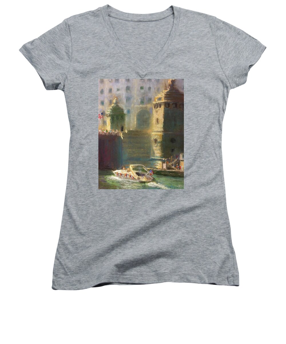 Chicago River Women's V-Neck featuring the pastel Michigan and Chicago by Will Germino