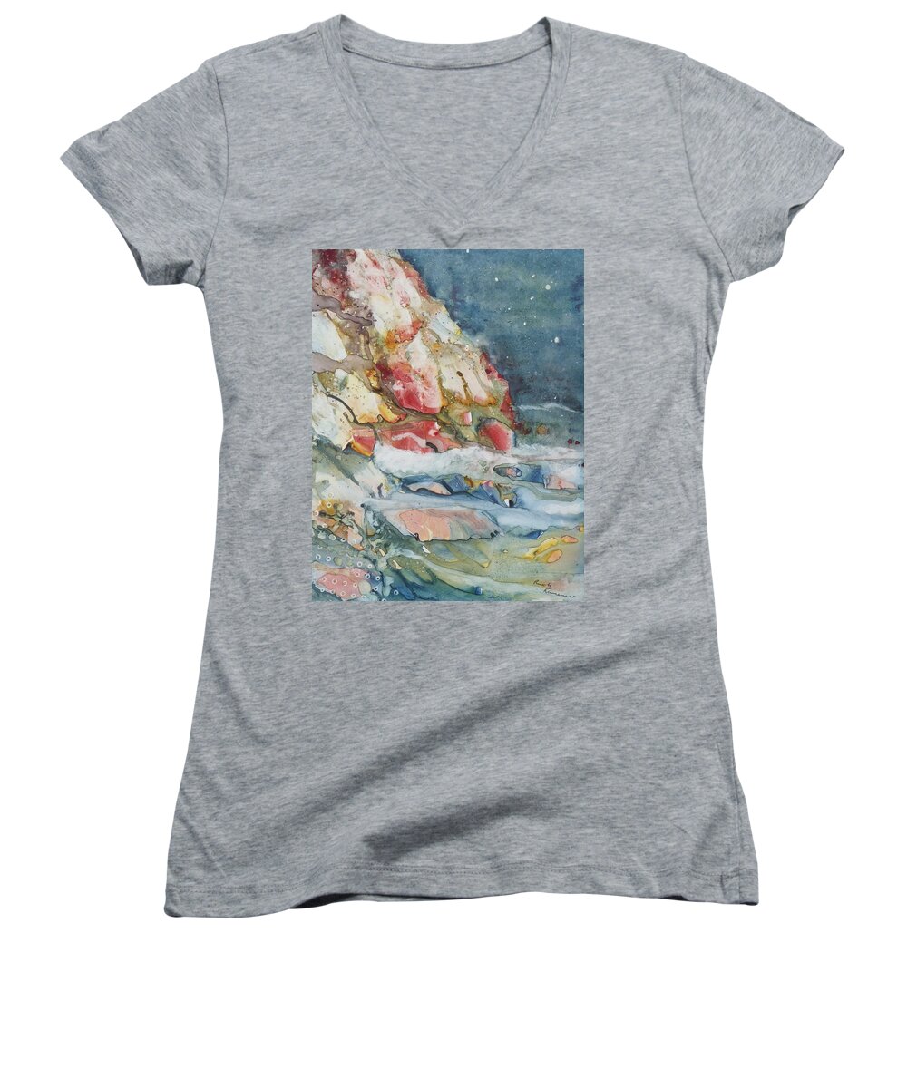 Abstract Women's V-Neck featuring the painting Midnight Surf by Ruth Kamenev