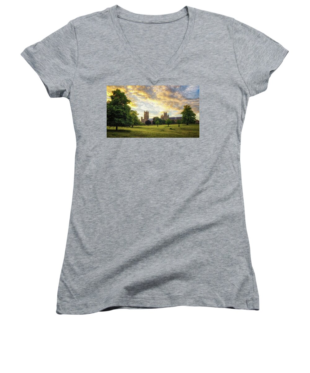 Architecture Women's V-Neck featuring the photograph Midsummer evening in Ely by James Billings