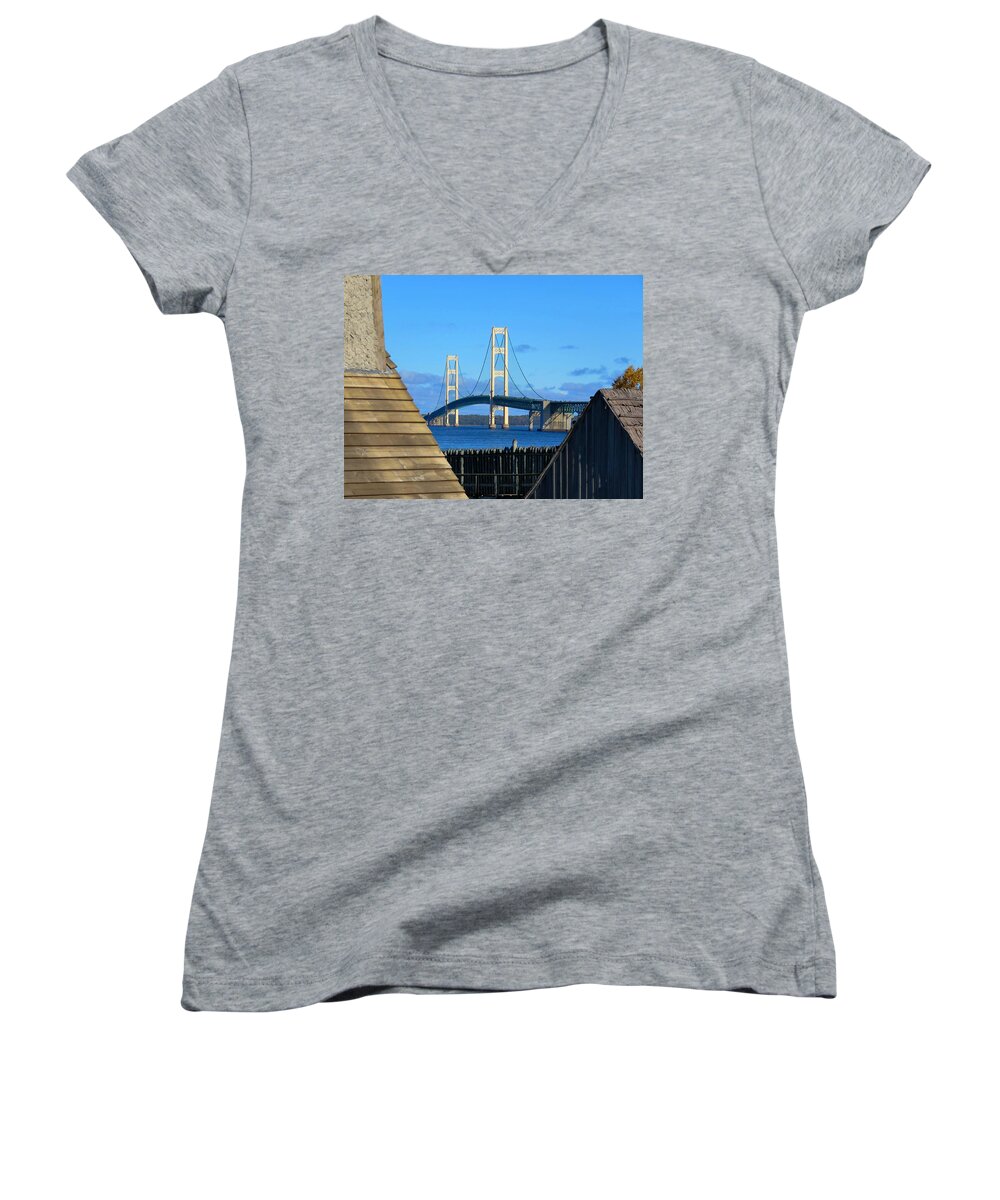 Mackinac Women's V-Neck featuring the photograph Mighty Mac from Michilimackinac by Keith Stokes