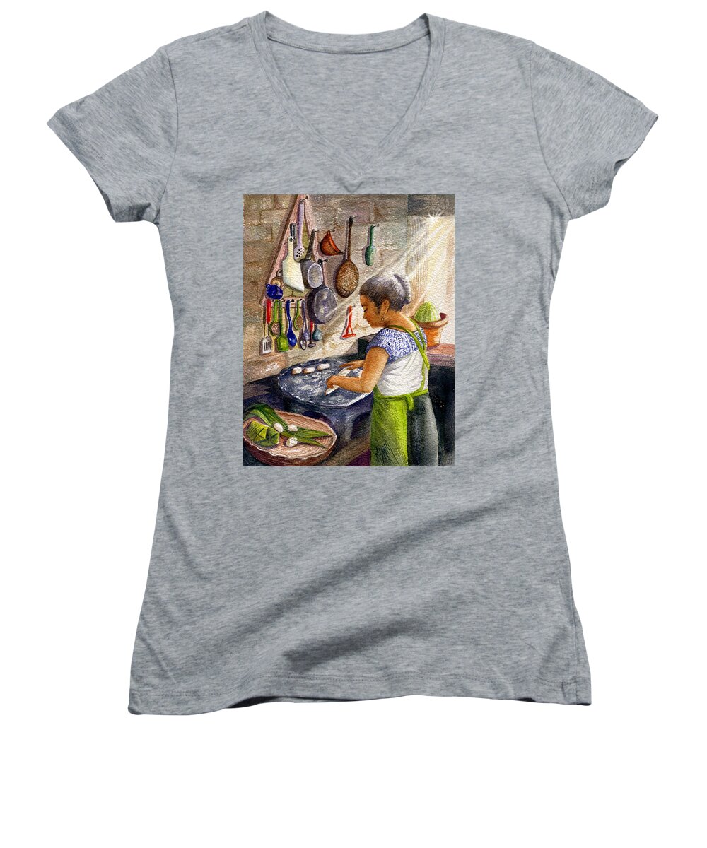 Mexican Culture Women's V-Neck featuring the painting Mika, The Tamale Maker by Marilyn Smith