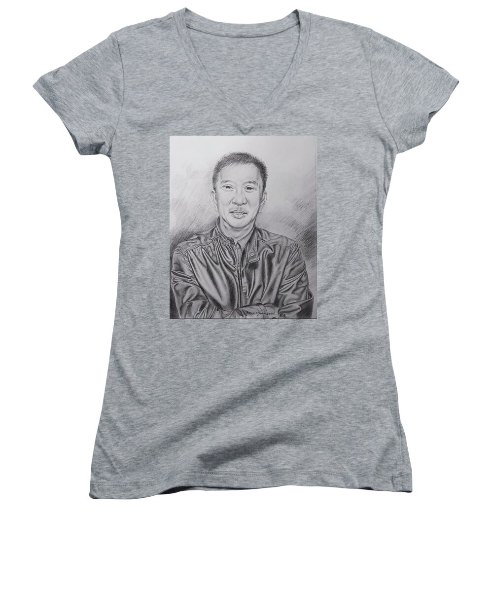 Pencil Drawing Women's V-Neck featuring the drawing Mike by Rosencruz Sumera