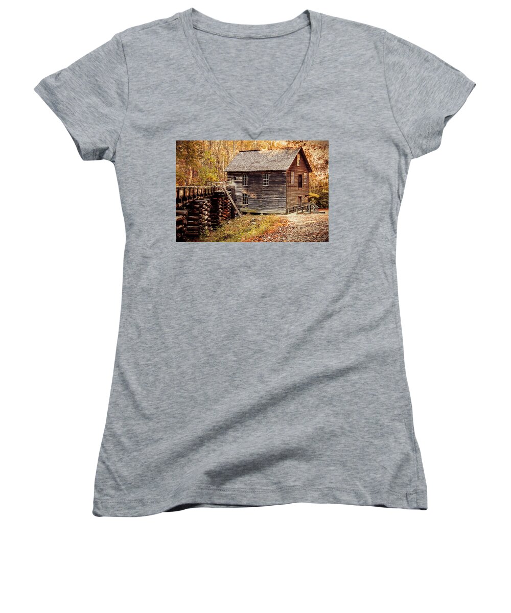 Great Smoky Mountains Women's V-Neck featuring the photograph Mingus Mill in the Smoky Mountains by Teri Virbickis