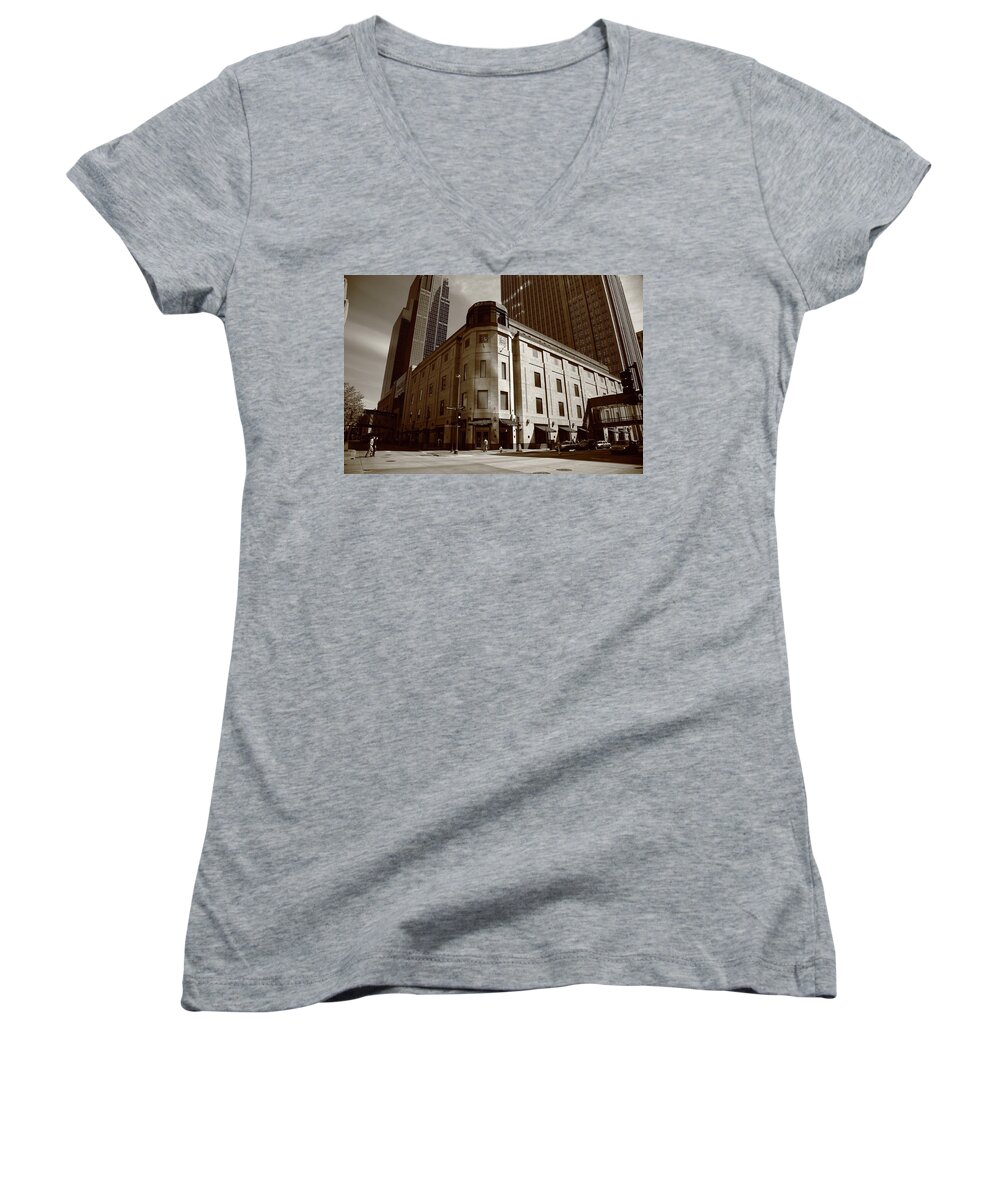 America Women's V-Neck featuring the photograph Minneapolis Downtown Sepia by Frank Romeo