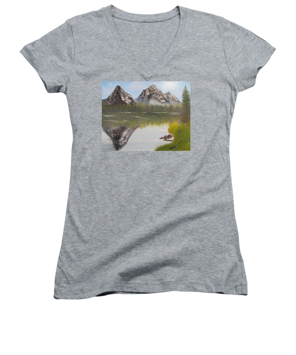 Mountain Women's V-Neck featuring the painting Mirror Mountain by Thomas Janos