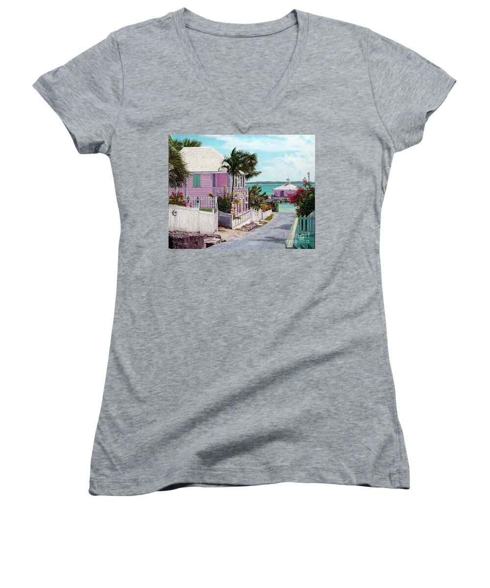 Eddie Women's V-Neck featuring the painting Miss Lena's by Eddie Minnis