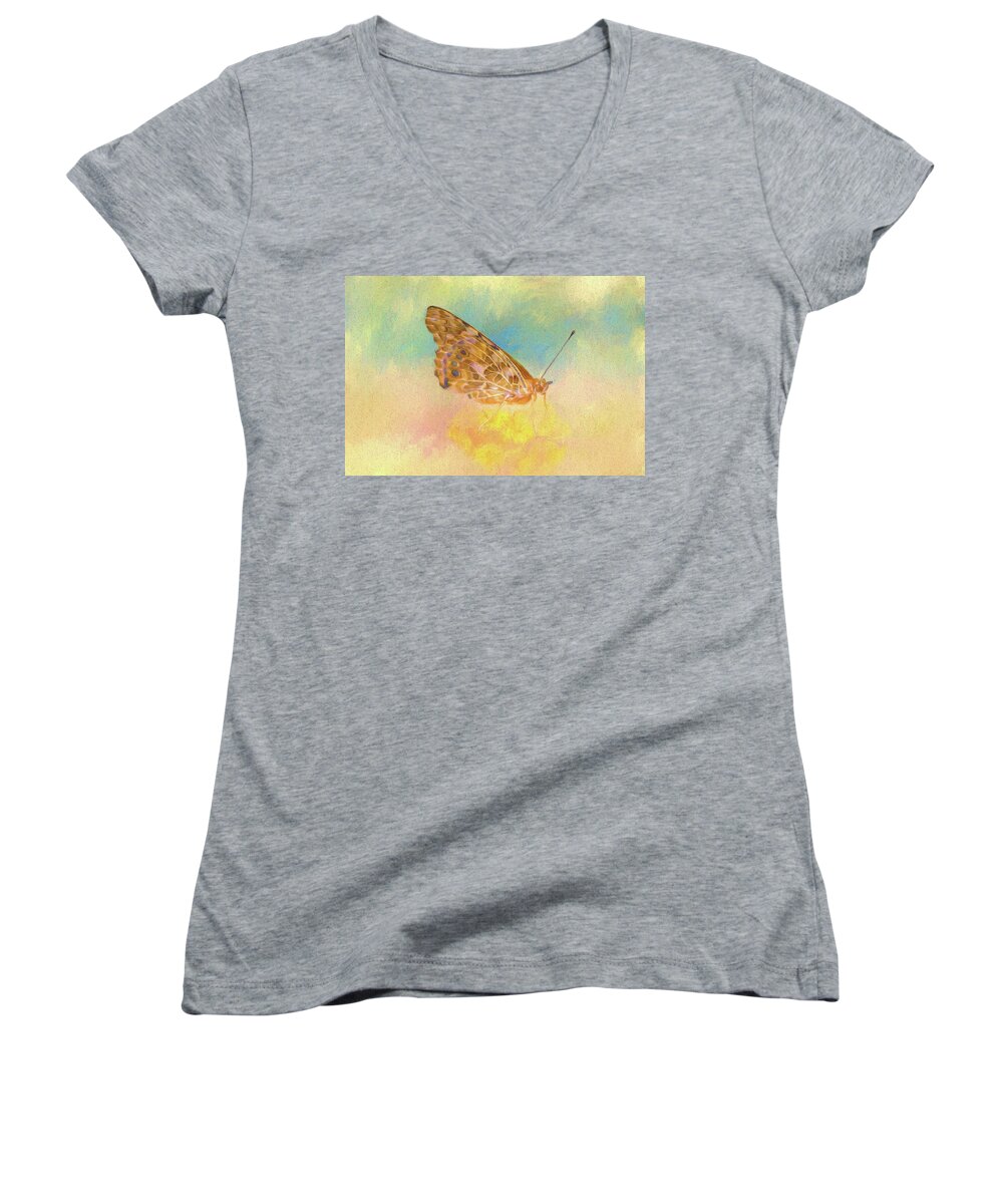 Butterfly Women's V-Neck featuring the painting Misty Butterfly by Ches Black