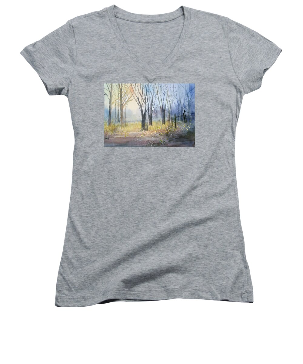 Watercolor Women's V-Neck featuring the painting Misty Morning by Ryan Radke