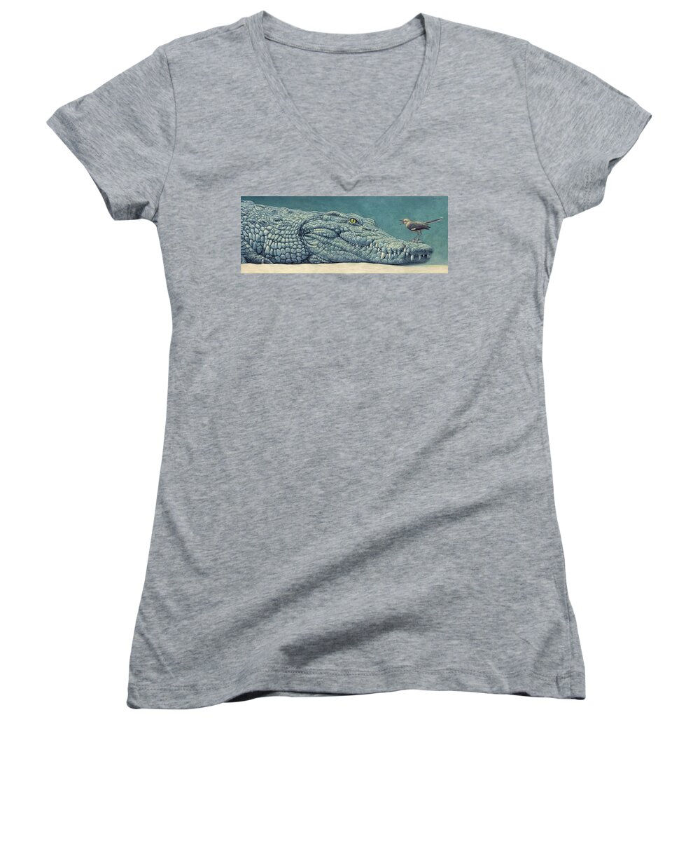 Crocodile Women's V-Neck featuring the painting Mockin' a Croc by James W Johnson