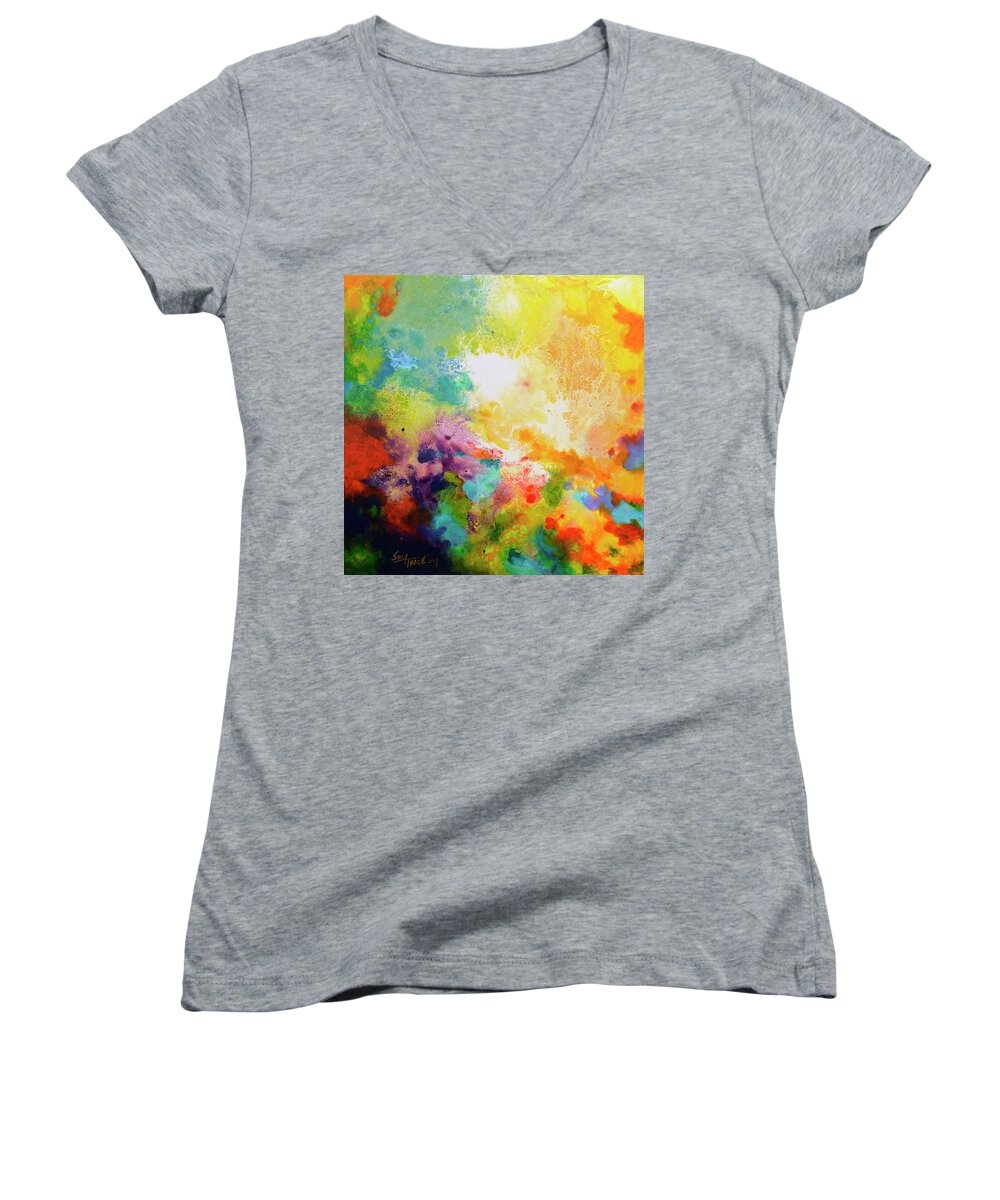 Abstract Art Women's V-Neck featuring the painting Momentum, Canvas One by Sally Trace