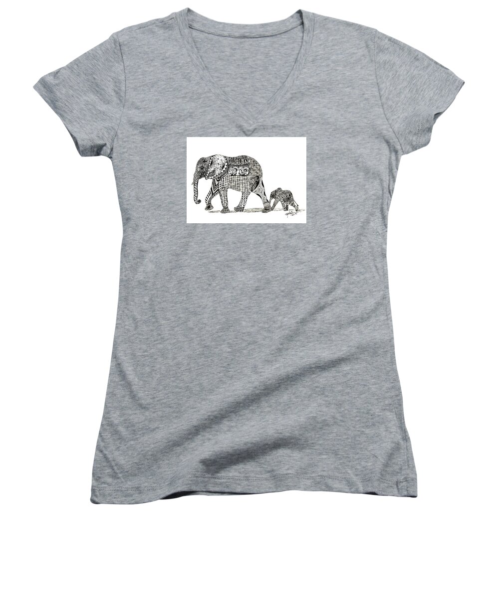 Elephant Women's V-Neck featuring the drawing Momma and Baby Elephant by Kathy Sheeran