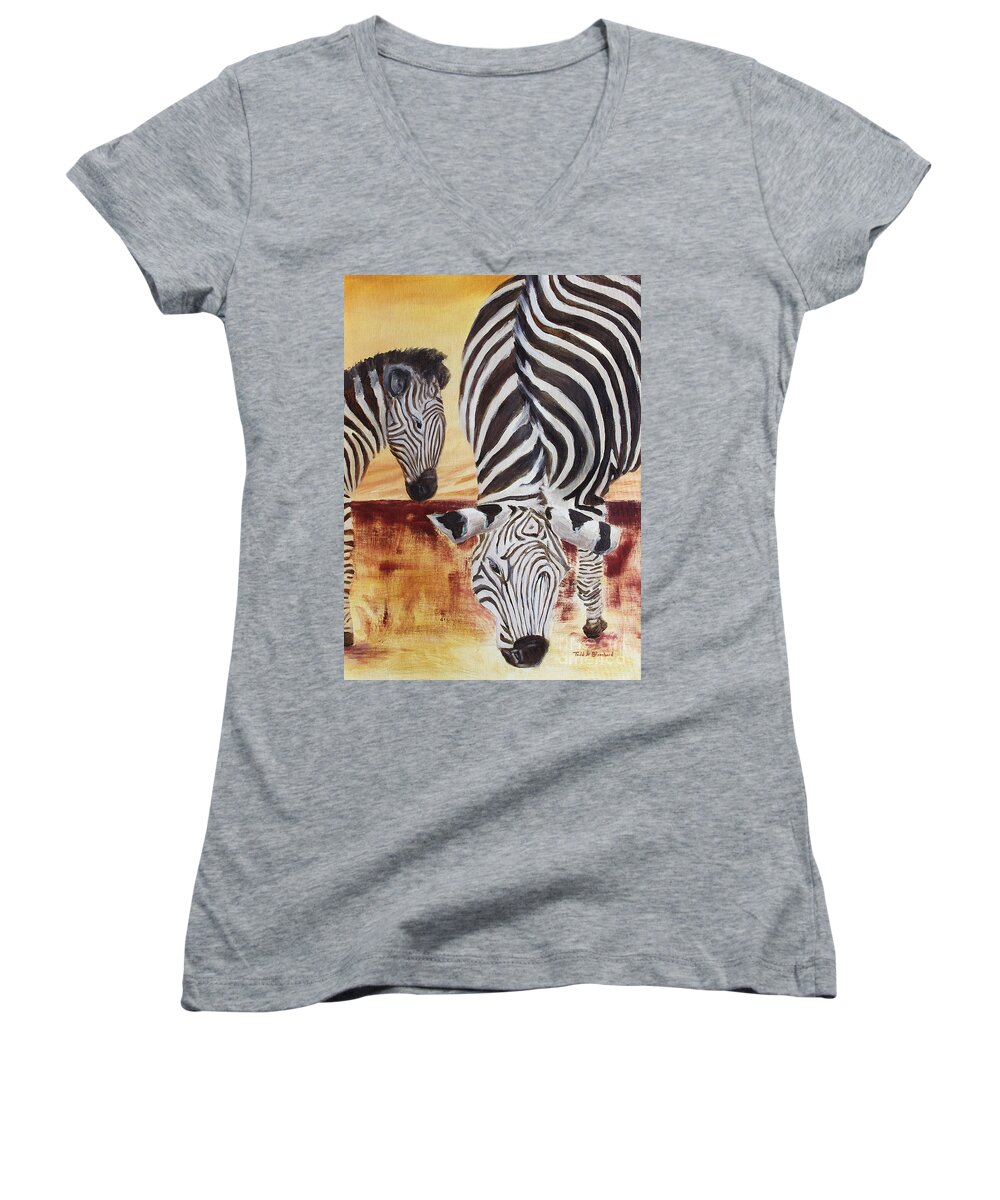 Animal Women's V-Neck featuring the painting Momma and Baby by Todd Blanchard