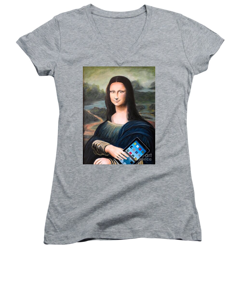John Lyes Women's V-Neck featuring the painting Mona Lisa with ipad by John Lyes