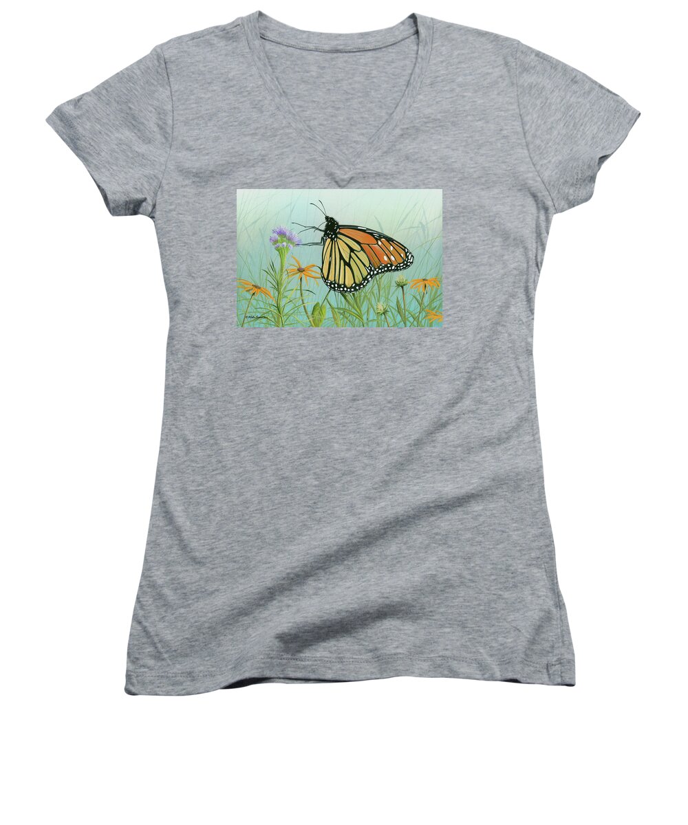 Monarch Butterfly Women's V-Neck featuring the painting Monarch Butterfly by Mike Brown