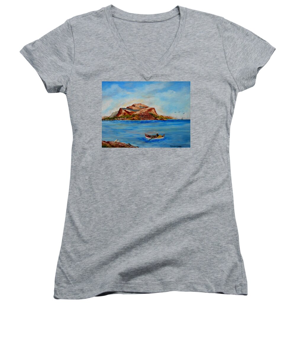Monemvasia Women's V-Neck featuring the painting Monemvasia by Konstantinos Charalampopoulos