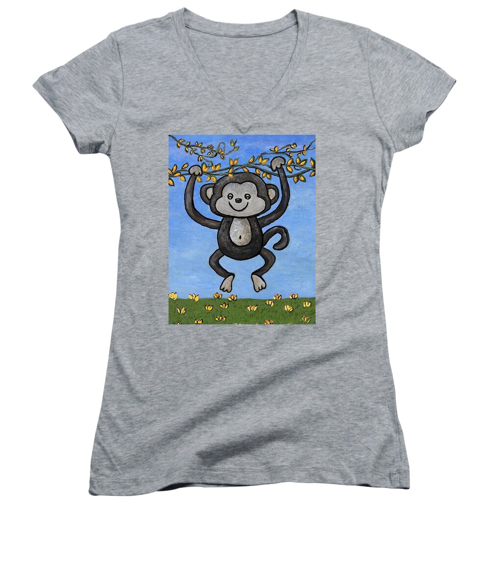 Monkey Women's V-Neck featuring the painting Monkey for Elli by Suzanne Theis