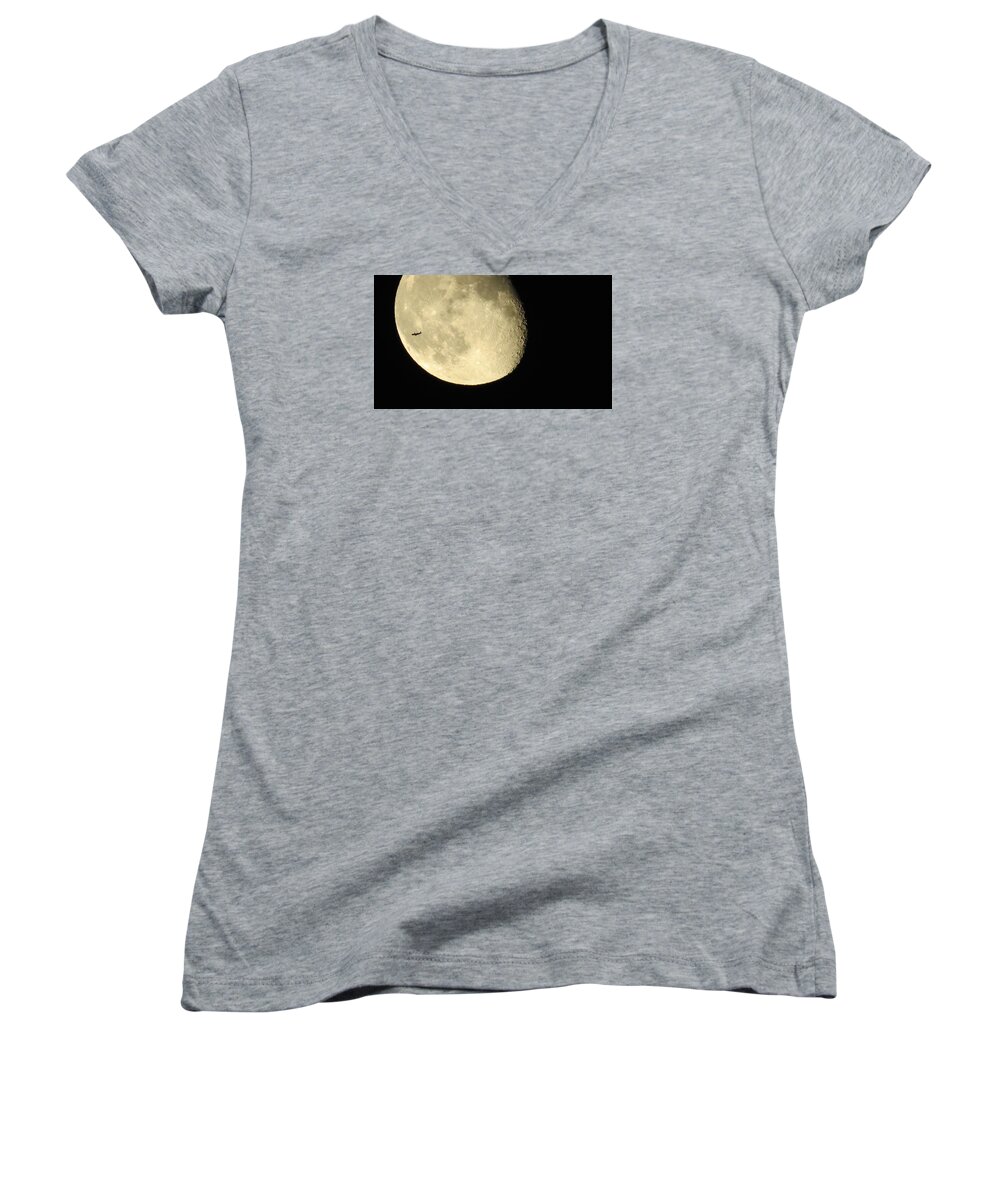 Moon Women's V-Neck featuring the photograph Moon And Plane Over Sanibel by Melinda Saminski