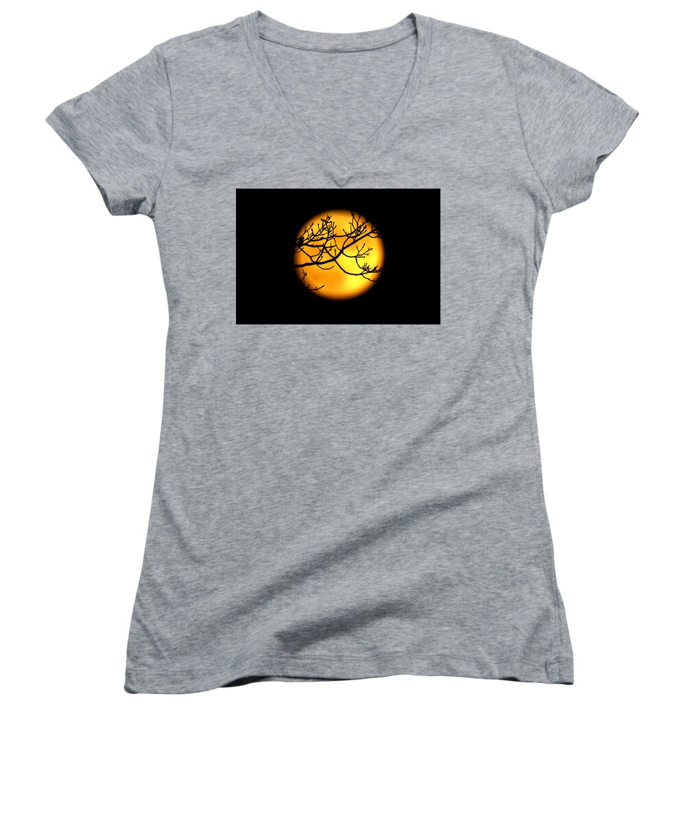 Moon Women's V-Neck featuring the photograph Moon in the Trees by Suzanne DeGeorge