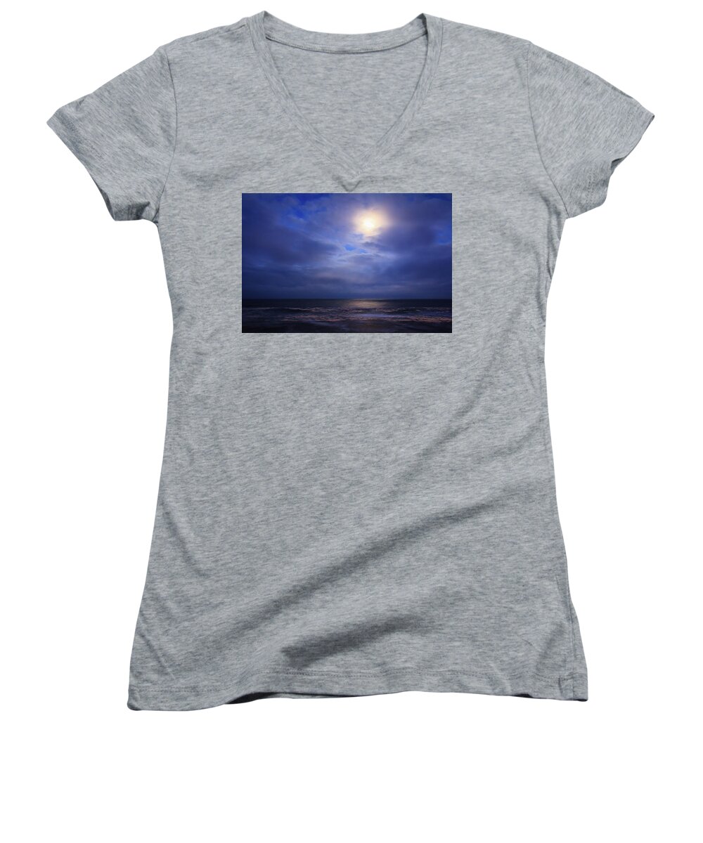 Cape Hatteras Women's V-Neck featuring the photograph Moonlight on the Ocean at Hatteras by Joni Eskridge