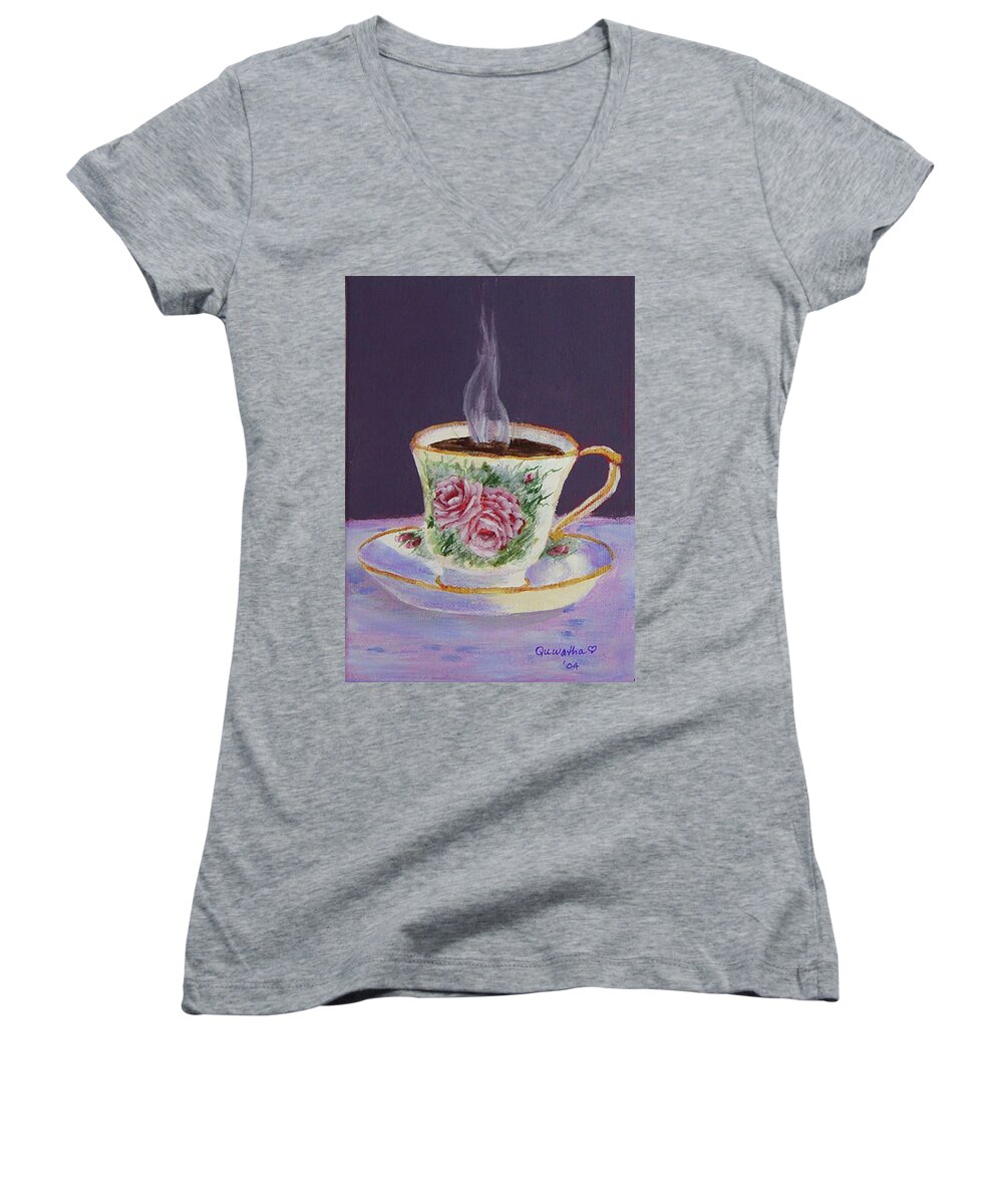 Cup Women's V-Neck featuring the drawing Morning Coffee by Quwatha Valentine