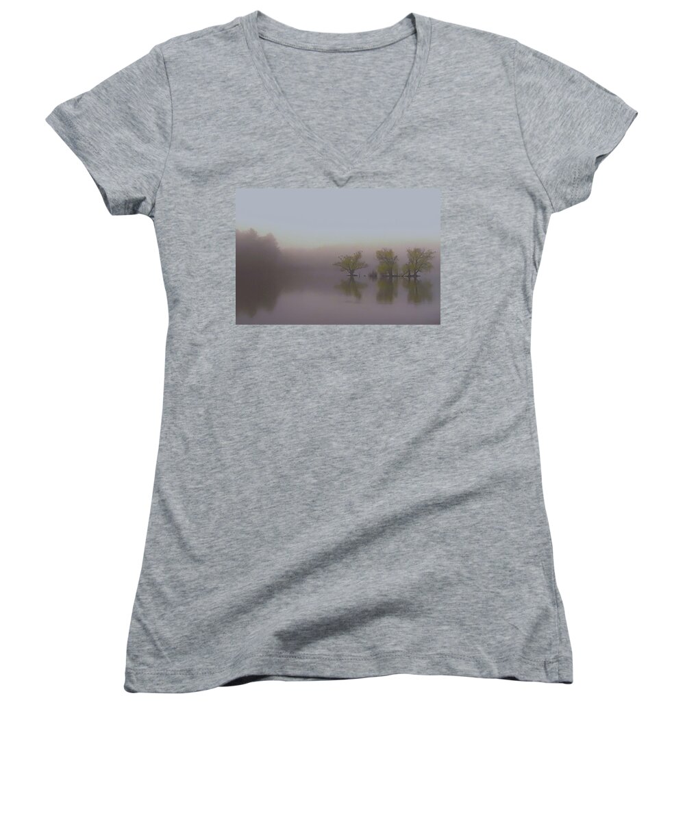 Horn Pond Women's V-Neck featuring the photograph Morning Fog by Jeff Heimlich