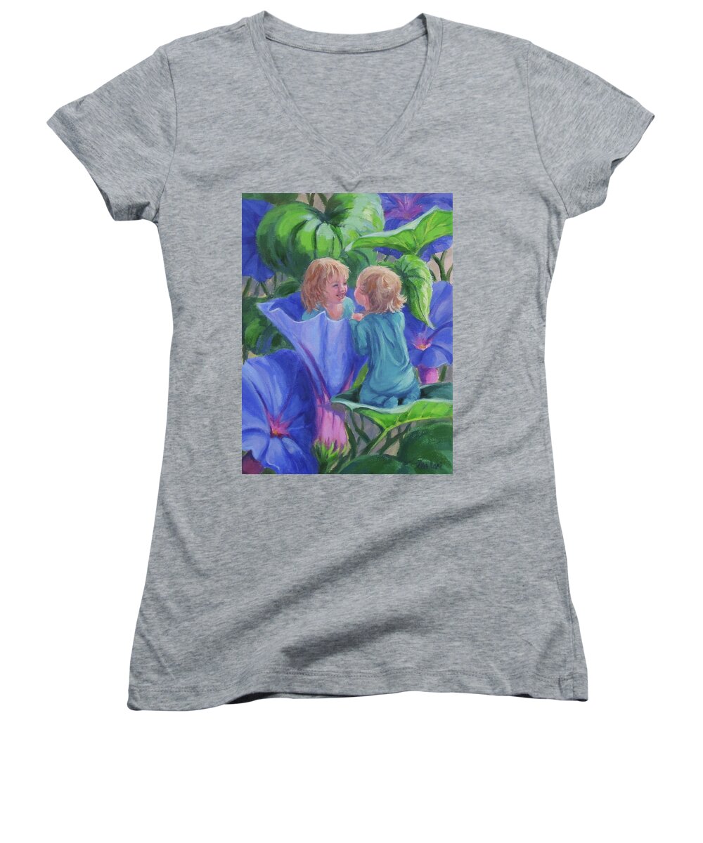 Baby Women's V-Neck featuring the painting Morning Glories by Karen Ilari