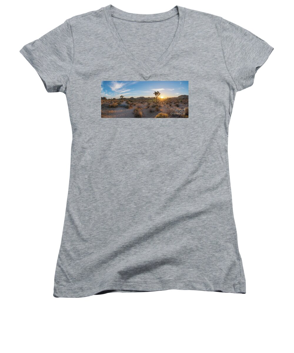 Joshua Tree Sunrise Women's V-Neck featuring the photograph Morning Hike in Joshua Tree National Park by Michael Ver Sprill