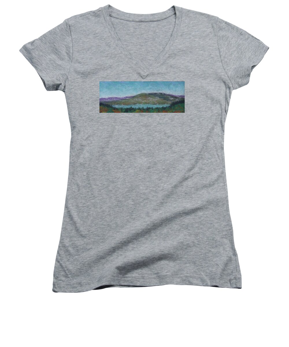 Mountains Women's V-Neck featuring the pastel Morning Mist by Anne Katzeff