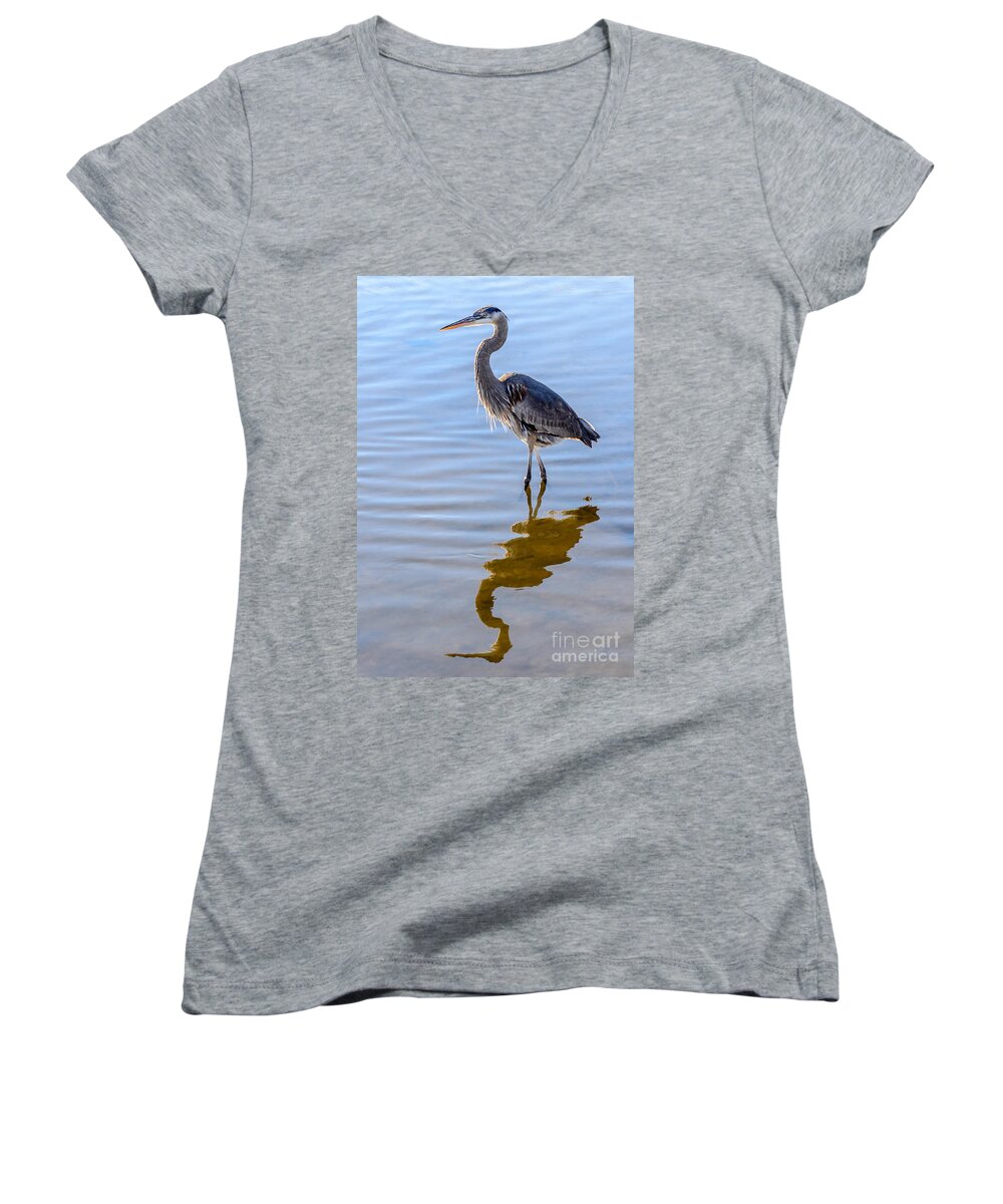 Heron Women's V-Neck featuring the photograph Morning Reflections of a Great Blue Heron by Debra Martz