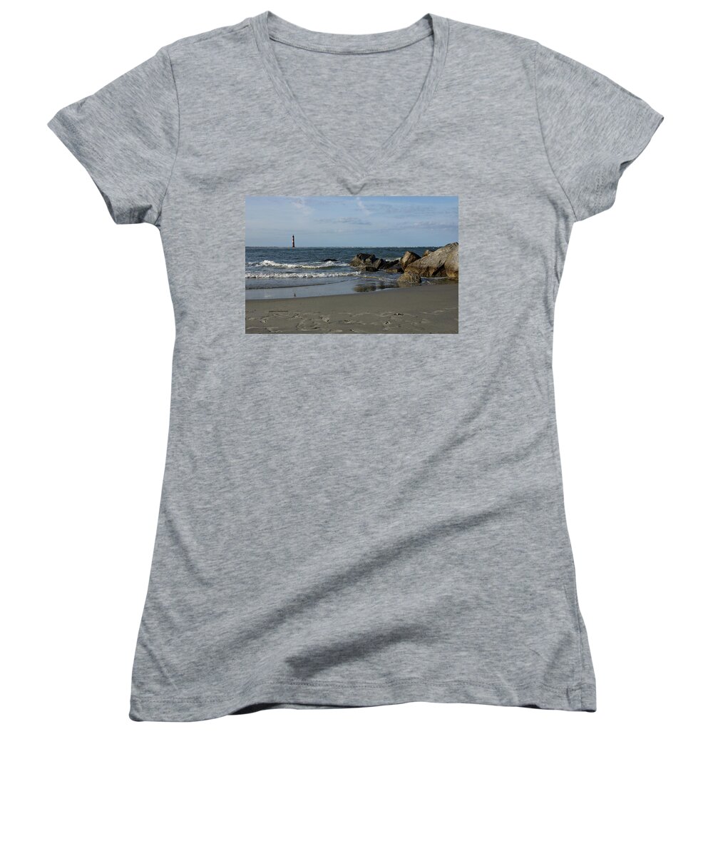 Morris Lighthouse Women's V-Neck featuring the photograph Morris Lighthouse by Sandy Keeton