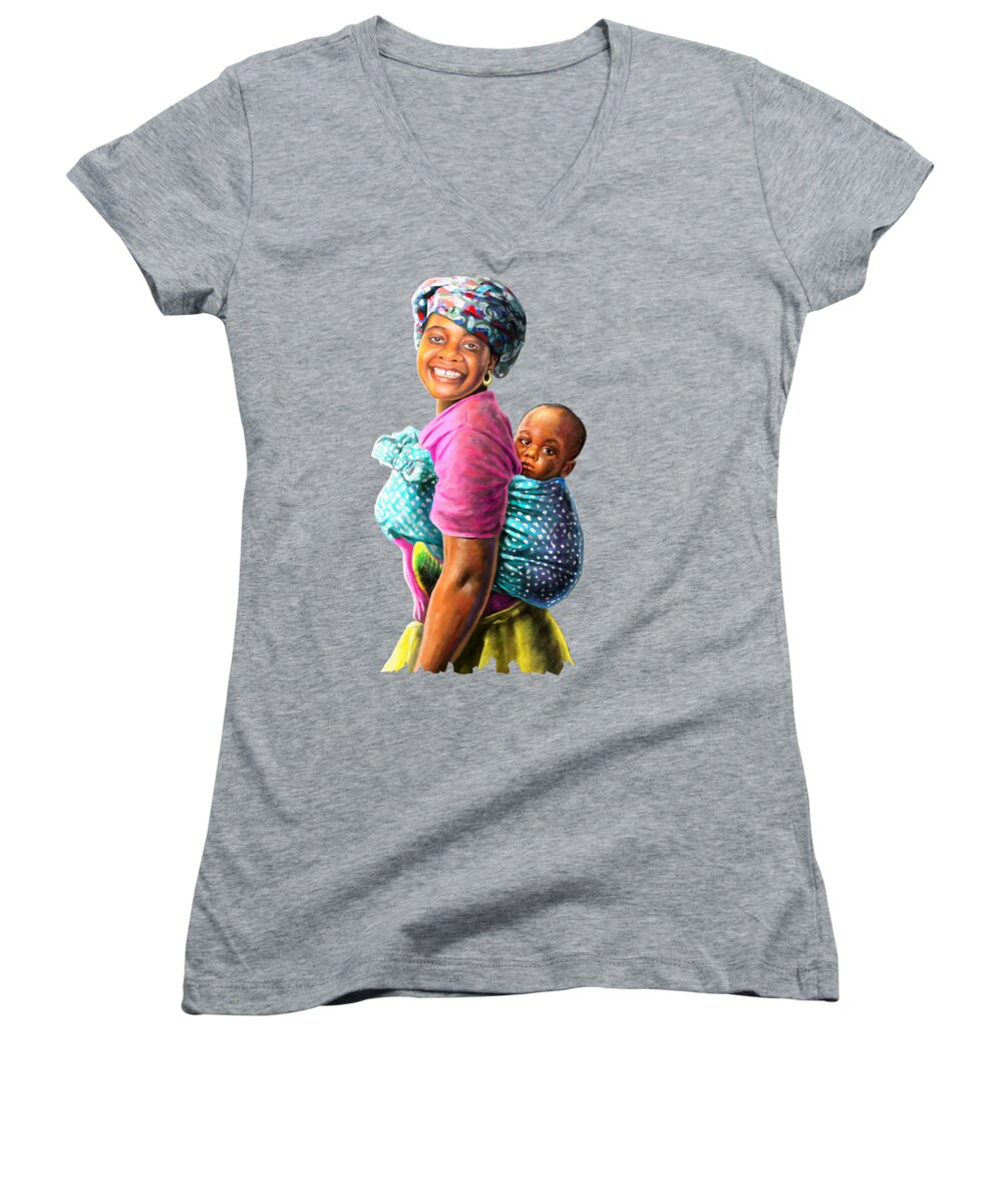 Africa Women's V-Neck featuring the painting Mother and Child by Anthony Mwangi