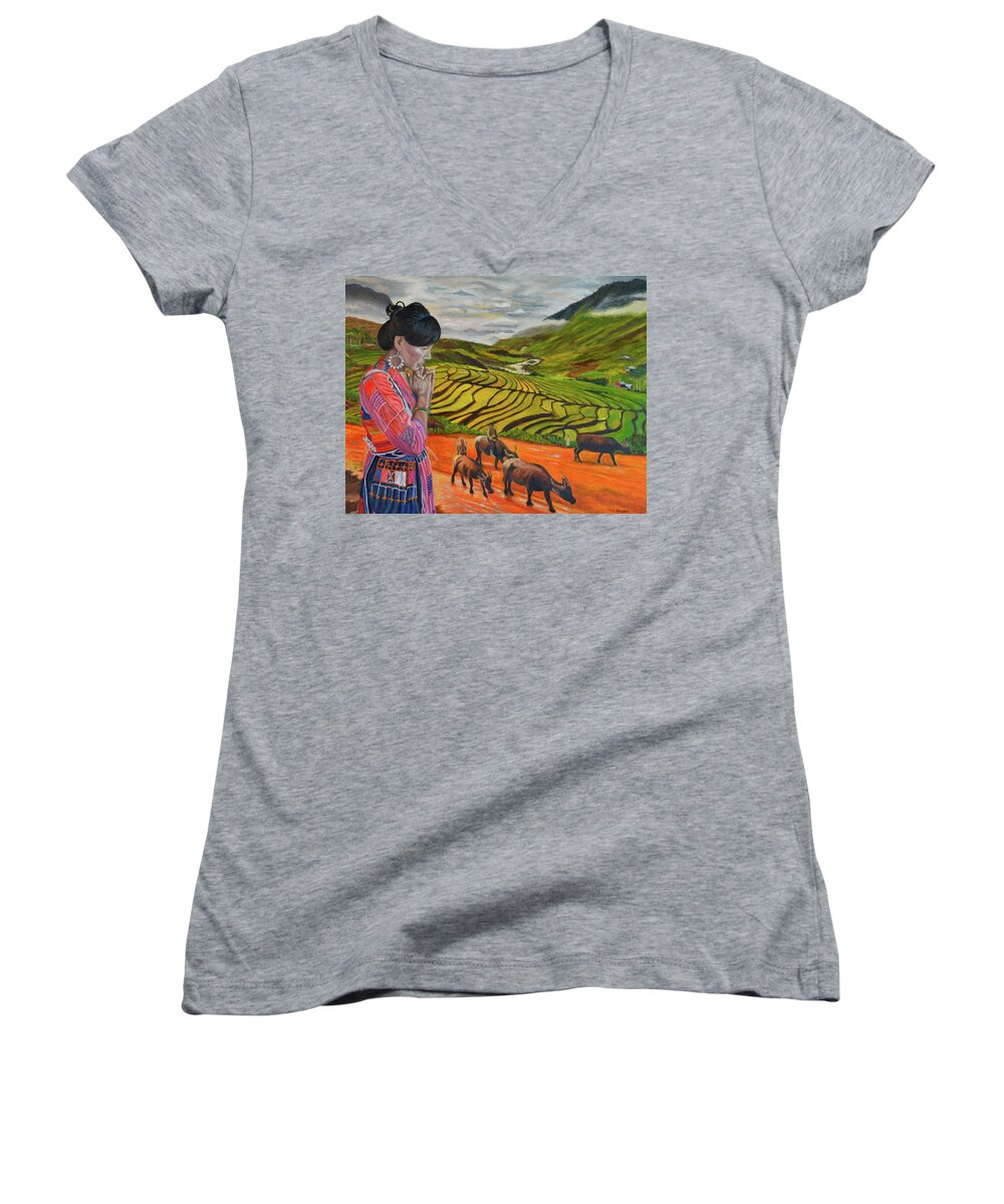 Hmong Woman Women's V-Neck featuring the painting Mother's Land by Thu Nguyen