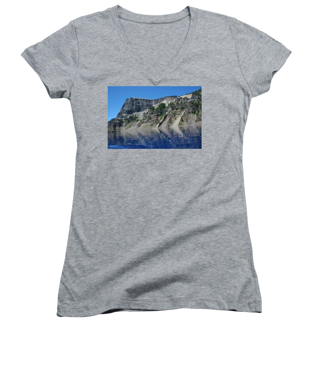 Crater Lake Women's V-Neck featuring the photograph Mountain Blue by Laddie Halupa