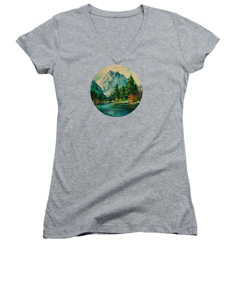 Mountain Women's V-Neck featuring the painting Mountain Lake by Mary Wolf