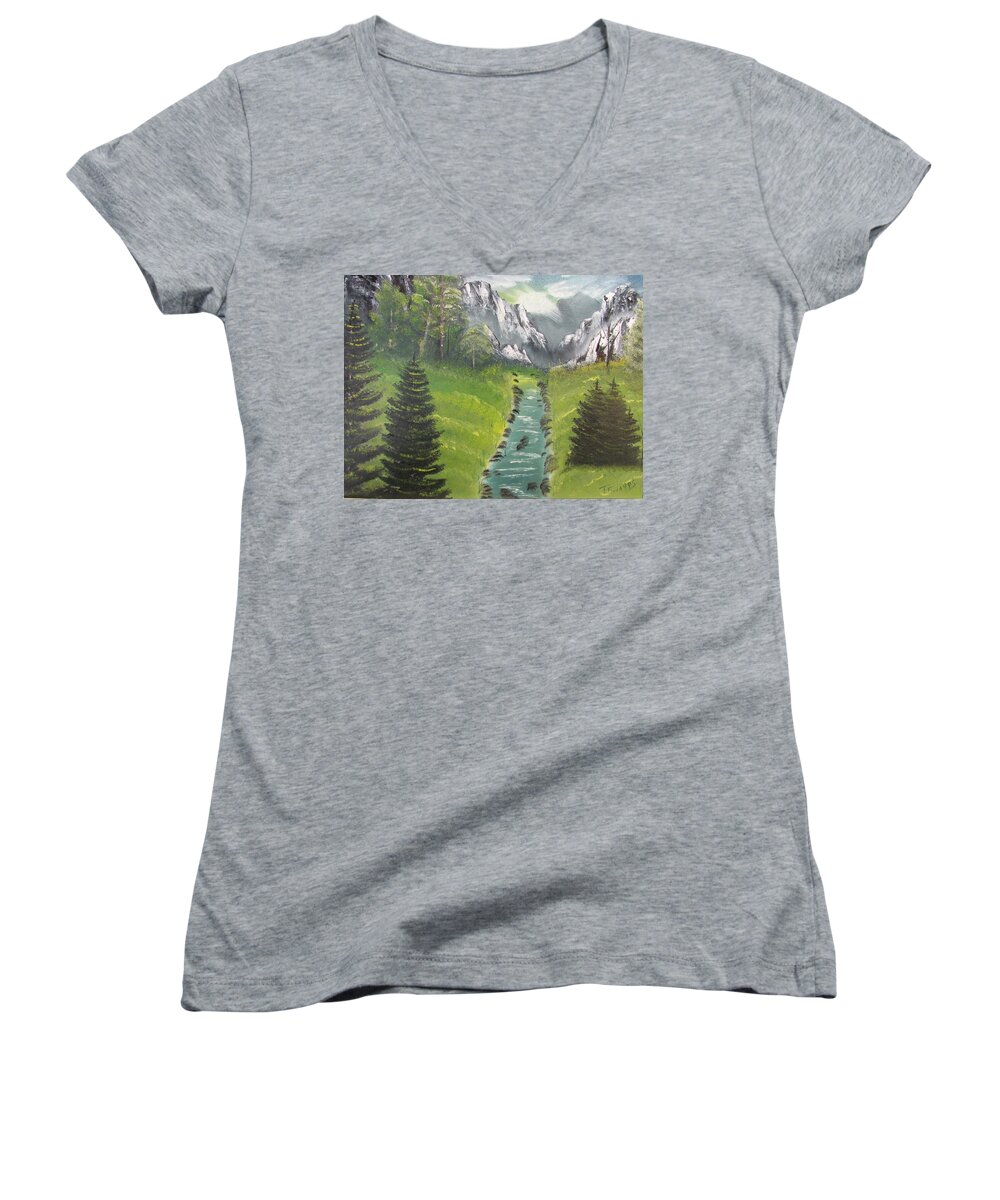 Creek Women's V-Neck featuring the painting Mountain Meadow by Thomas Janos