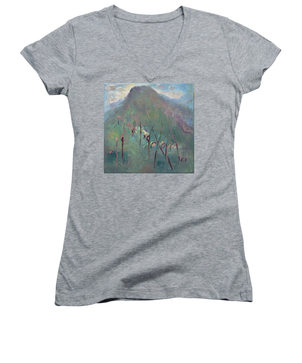 Landscape Women's V-Neck featuring the painting Mountain Visit by Becky Kim