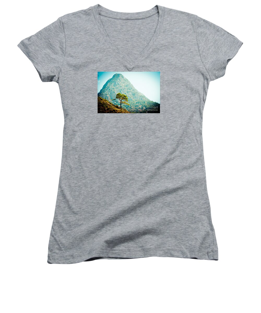 Water Women's V-Neck featuring the photograph Mountain With Pine Artmif.lv by Raimond Klavins