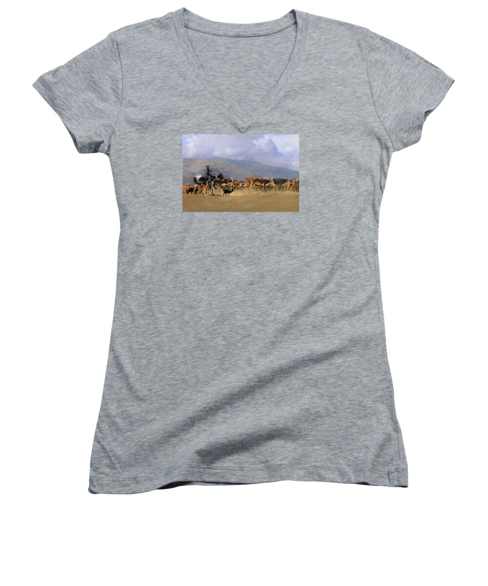 Cowboy Women's V-Neck featuring the photograph Move Em Out by Ed Hall