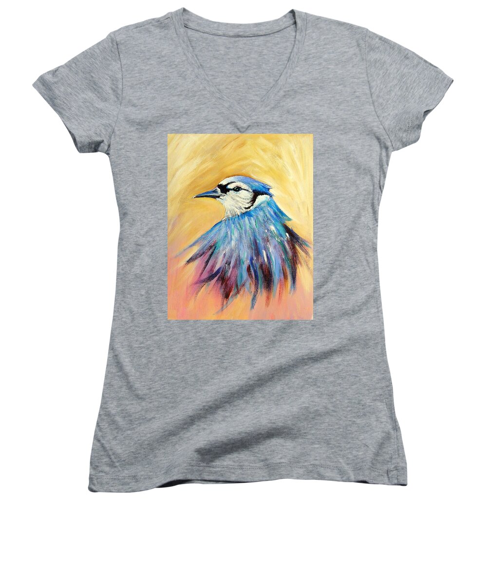 Bluejay Women's V-Neck featuring the painting Mr. Blue by Patricia Piffath
