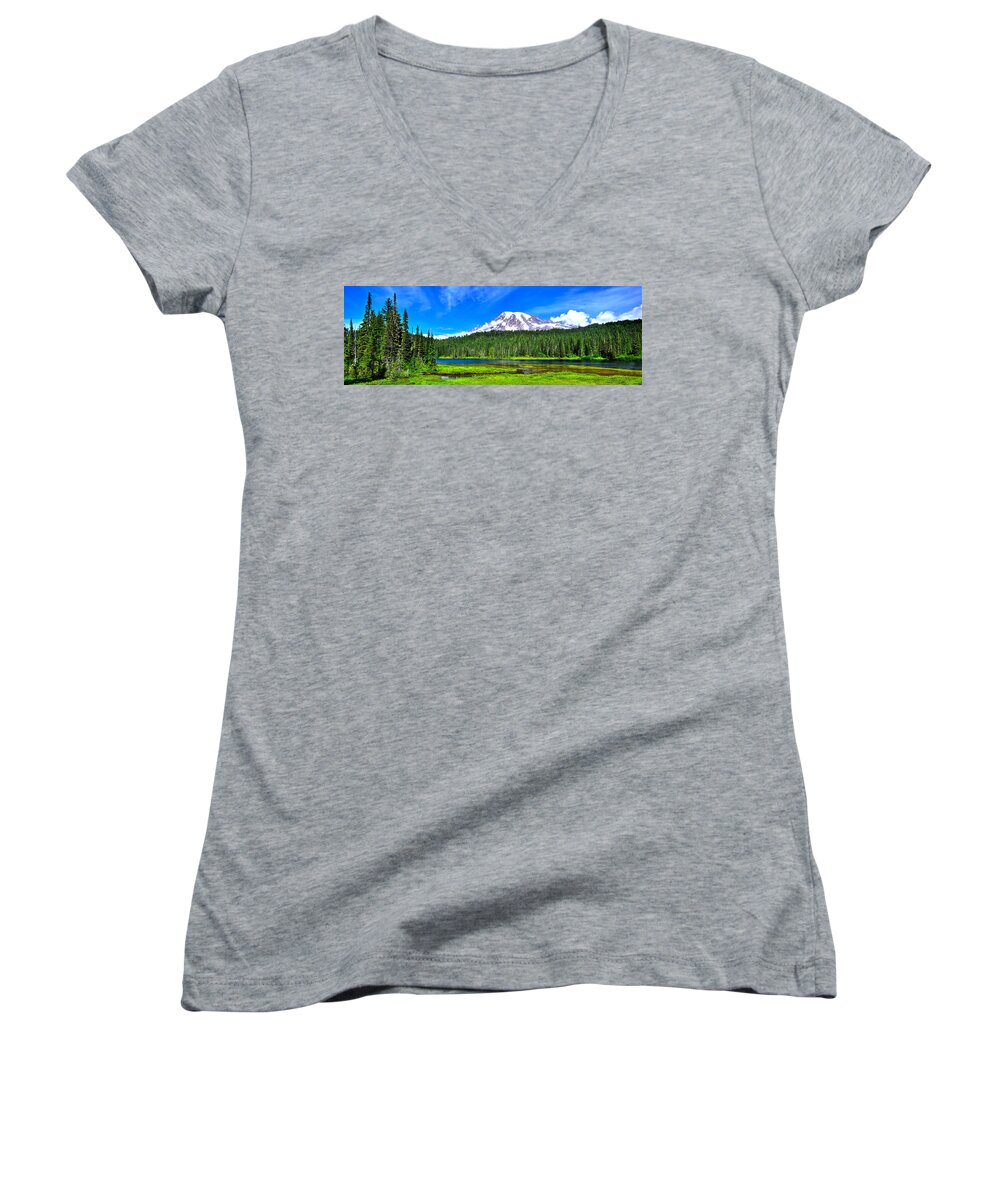 Mt. Rainier National Park Women's V-Neck featuring the photograph Mt. Rainier from Reflection Lakes by Don Mercer