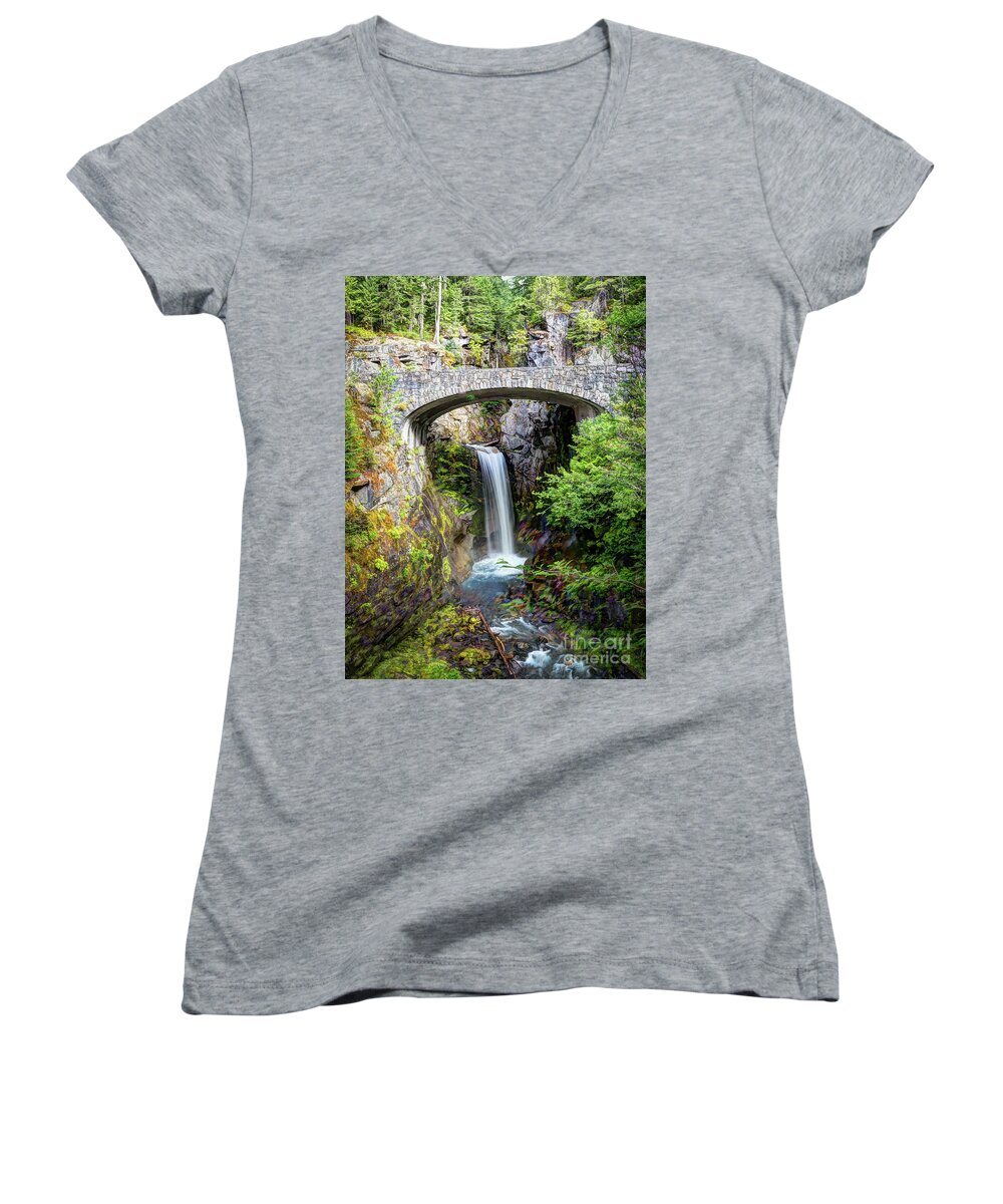 Nature Women's V-Neck featuring the photograph Mt Rainier National Park, Christine Falls by Deborah Klubertanz