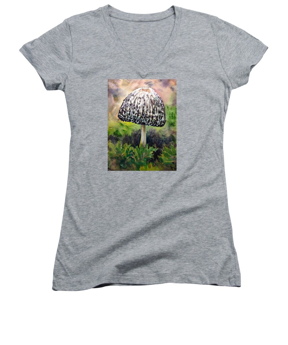 Studio Watercolor In Winsor Newton Watercolor On Arches Women's V-Neck featuring the painting Mushroom by Lynne Haines