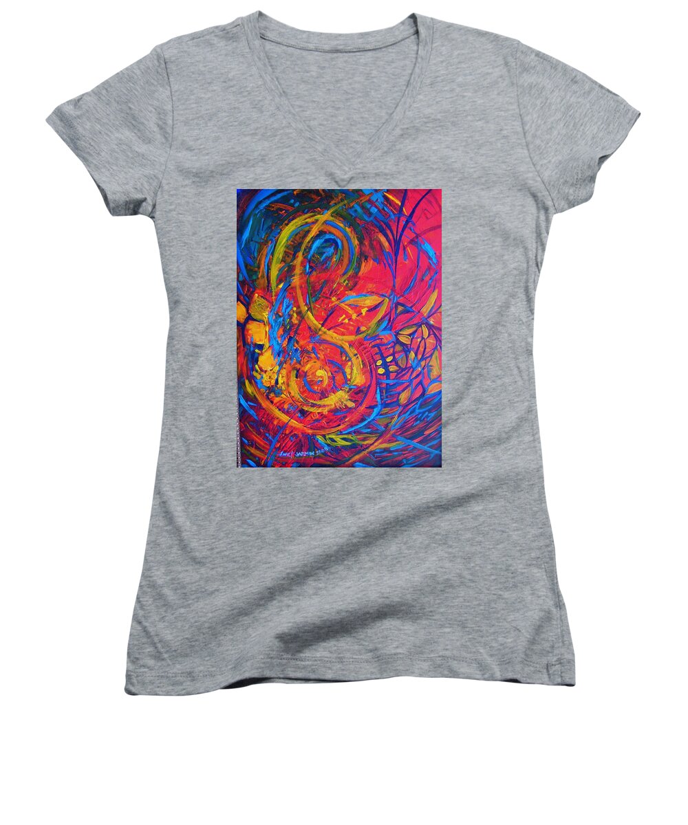 Abstract Women's V-Neck featuring the painting Music by Jeanette Jarmon