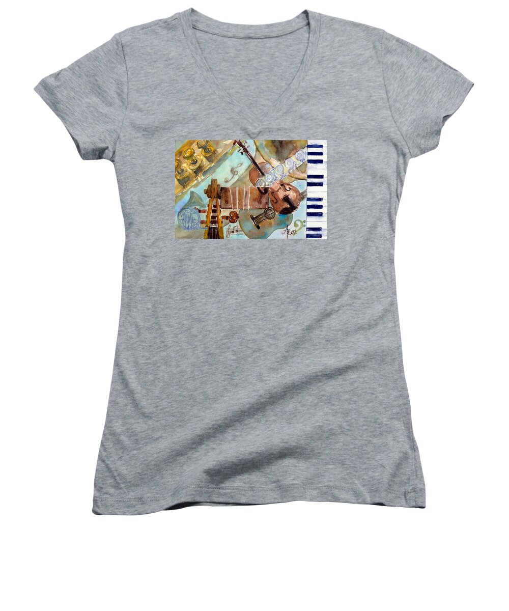 Music Women's V-Neck featuring the painting Music Shop by Anna Ruzsan